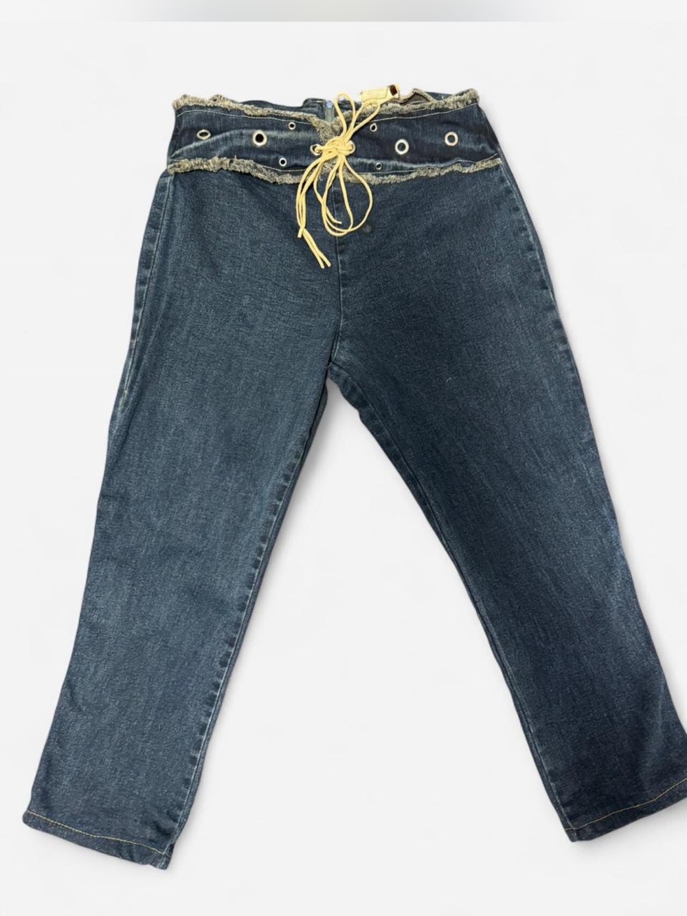 Women’s Dark Blue Denim capris with Yellow Lace-Up Waist